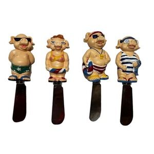 Tablescape Funny Pigs 4pc Cheese Board Appetizer spreaders‎ knives beach lake